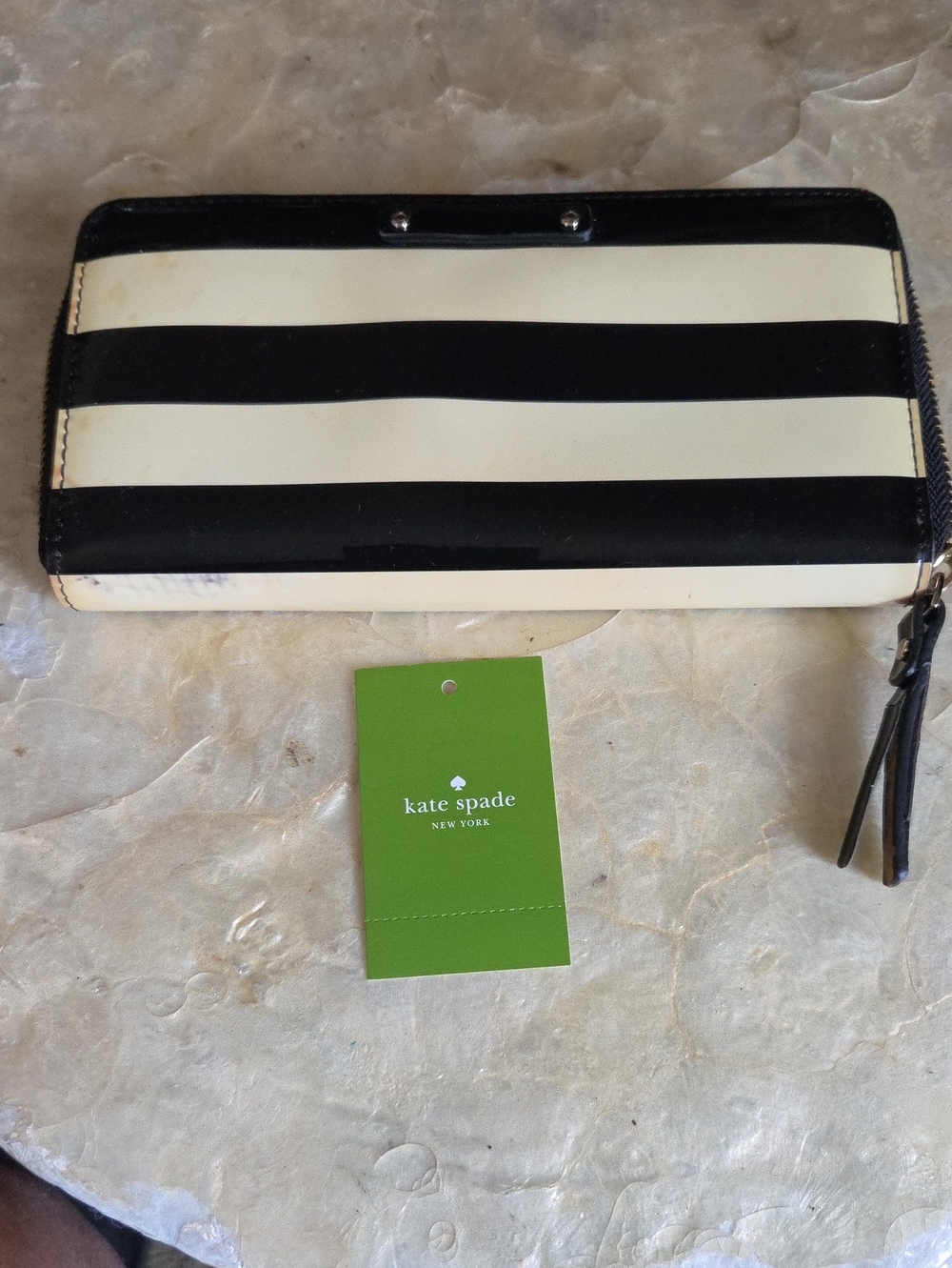 kate spade Black and Cream Horizontal Stripe Zip-Around Wallet